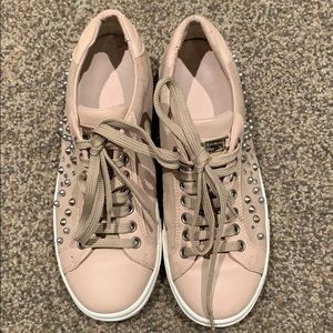tan low top sneakers with pearls, diamonds, studs
